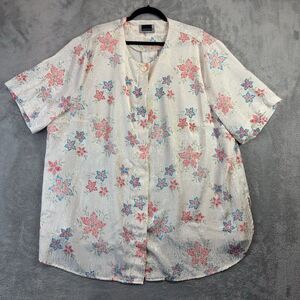 Maggie Barnes Blouse Womens 4X White Coral Floral Shimmer Metallic Vintage Top